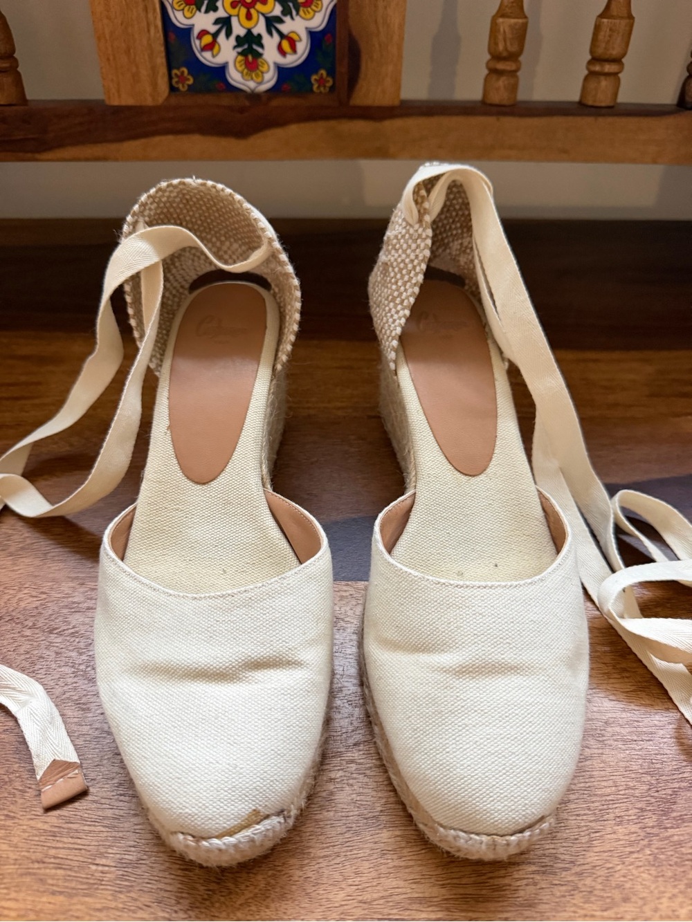 Castaner Cream Canvas Espadrille Wedges with Ankle Ties